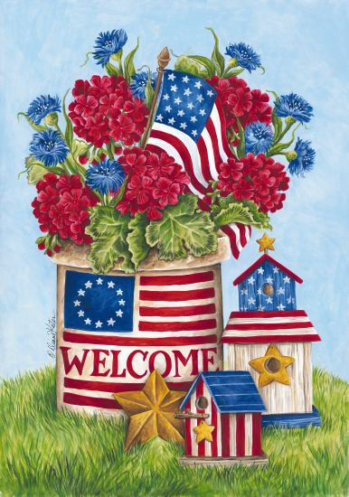 Diane Kater ART1102 - Welcome Crock Still Life Americana, Crock, Glass Jars, American Flag, Flowers from Penny Lane