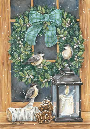 Diane Kater ART1110 - Winter Wreath - 12x18 Wreath, White Berries, Chickadees, Candle, Lantern, Pinecones, Winter, Window Pane from Penny Lane