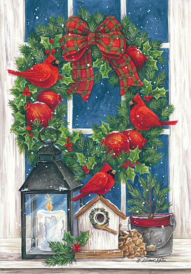 Diane Kater ART1111 - Pomegranate Christmas Wreath - 12x18 Wreath, Pomegranates, Robins, Candle, Lantern, Birdhouse, Greenery, Holly, Holidays from Penny Lane