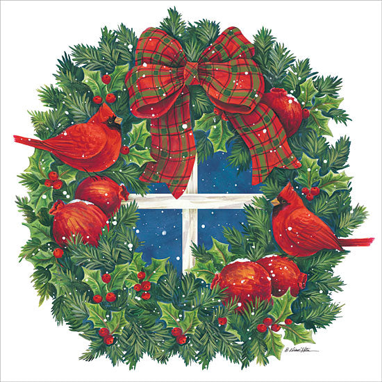 Diane Kater ART1111B - Pomegranate Christmas Wreath - 12x12 Wreath, Pomegranates, Robins, Greenery, Holly, Holidays from Penny Lane