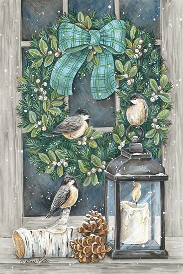 Diane Kater ART1120 - ART1120 - Winter Wreath - 12x18 Birds, Wreath, Candle, Pinecone, Window, Snow from Penny Lane