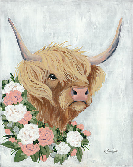 Sara Baker BAKE131 - BAKE131 - Floral Highlander Cow - 12x16 Cow, Highlander Cow, Flowers, Pink and White from Penny Lane