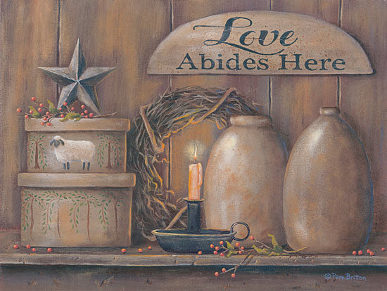 Pam Britton BR456 - Love Abides Here Shelf Love, Shelf, Crock, Antiques, Barn Star, Candle, Still Life from Penny Lane