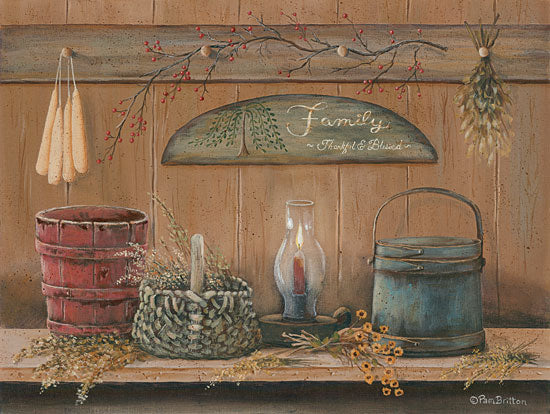 Pam Britton BR461 - Treasures on the Shelf I - 16x12 Still Life, Family, Antiques, Wood Buckets, Herbs, Candles, Candle from Penny Lane
