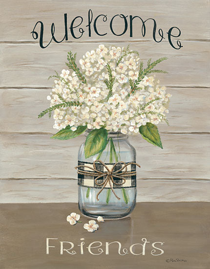 Pam Britton BR470 - Welcome Friends Mason Jar - 12x16 Flowers, White Flowers, Glass Jar, Welcome, Shiplap, Friends from Penny Lane