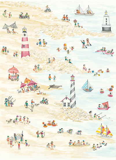 Cindy Jacobs CIN1038 - Beach Scene Triptych II - Beach, Families, Sand, Shore, Umbrellas, Coast, Lighthouses from Penny Lane Publishing