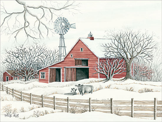 Cindy Jacobs CIN1418 - Winter Barn with Windmill Barn, Farm, Snow, Winter, Landscape, Cows, Windmill from Penny Lane