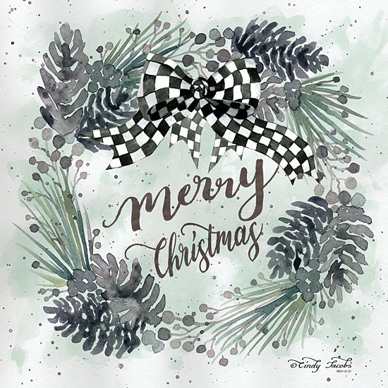 Cindy Jacobs CIN1562 - Merry Christmas    - 12x12 Merry Christmas, Holidays, Wreath, Pinecones, Gingham Ribbon from Penny Lane