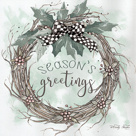 Cindy Jacobs CIN1564 - Season's Greetings  - 12x12 Season's Greetings, Holidays, Grapevine Wreath, Wreath, Greenery, Gingham Ribbon from Penny Lane