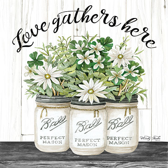 Cindy Jacobs CIN1571 - White Jars - Love Gathers Here - 12x12 Glass Jars, Shiplap, Still Life, Flowers, White Flowers, Daisies, Love Gathers Here from Penny Lane