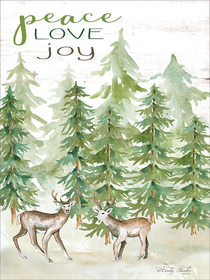 Cindy Jacobs CIN1637 - CIN1637 - Peace Love Joy Deer - 12x16 Holidays, Trees, Christmas Trees, Deer, Peace, Love, Joy, Forest from Penny Lane