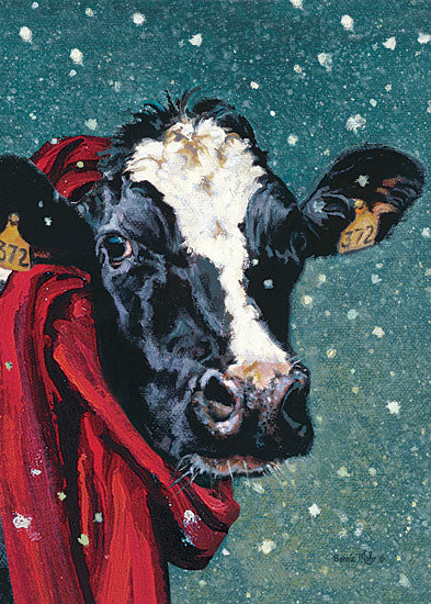 Bonnie Mohr COW326 - Staying Warm for Winter  - 12x16 Cow, Winter, Snow, Scarf, Portrait from Penny Lane