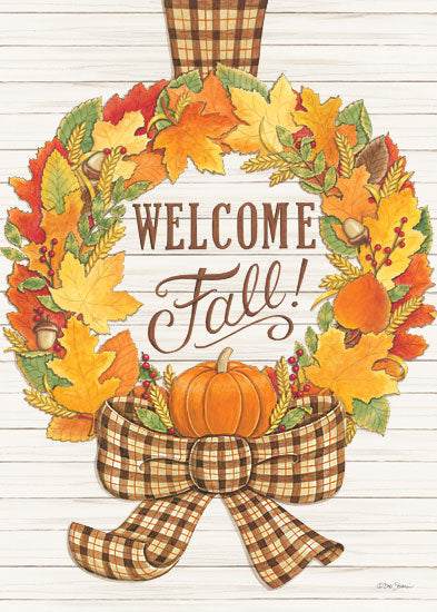 Deb Strain DS1764 - Welcome Fall Wreath - 12x16 Welcome, Autumn, Wreath, Leaves, Pumpkin, Gingham, Bow from Penny Lane