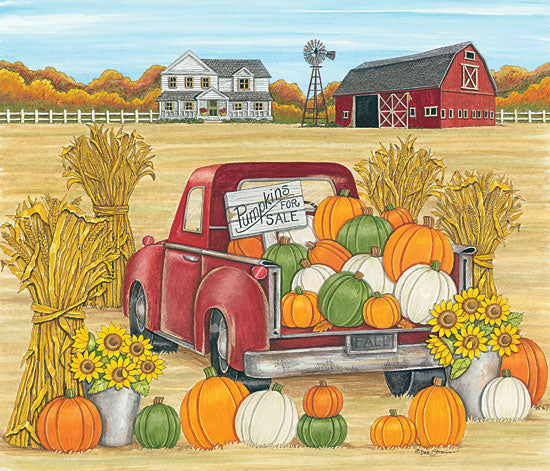 Deb Strain DS1787 - Pumpkins for Sale Red Truck Farm - 12x12 Red Truck, Farm, Barn, Pumpkins, For Sale, Autumn, Sunflowers, Hay from Penny Lane