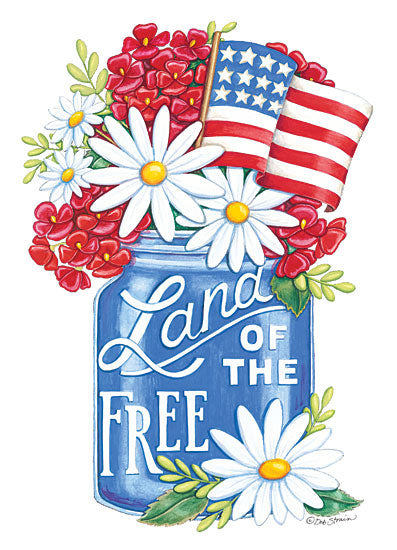 Deb Strain DS1793 - Land of the Free Blue Mason Jar - 12x16 Americana, Flowers, Patriotic, Mason Jar, Land of the Free, American Flag, Daisies from Penny Lane