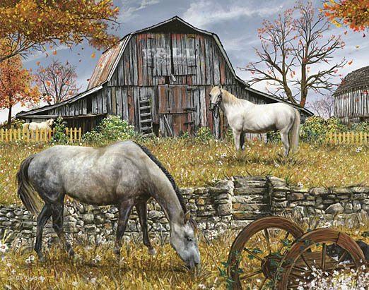 Ed Wargo ED366 - Horse Farm I - Horse, Farm, Barn, Grazing, Wagon Wheel, Autumn from Penny Lane Publishing