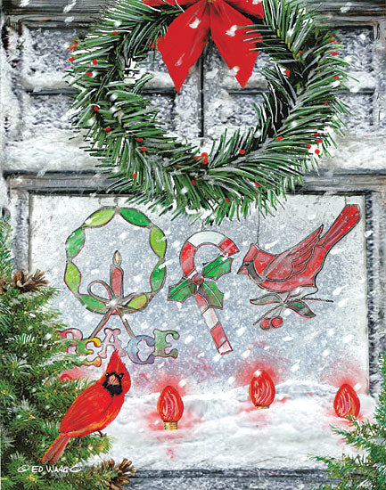 Ed Wargo ED383 - Christmas Peace Holidays, Pine Wreath, Cardinals, Stain Glass, Ornaments, Window from Penny Lane