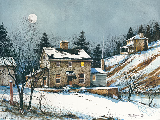 John Rossini JR353 - A February Evening - 16x12 House, Homestead, Snow, Winter, Stone House, Evening, Moon from Penny Lane