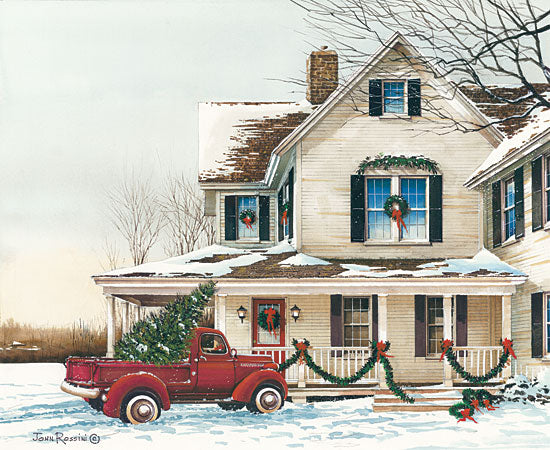John Rossini JR354 - Preparing for Christmas - 16x12 House, Homestead, Truck, Red Truck, Holidays, Winter, Christmas Tree from Penny Lane