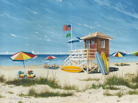 John Rossini JR358 - Beach Colors - 16x12 Coastal, Beach, Lifeguard Shack, Umbrellas, Surfing, Surfboards from Penny Lane