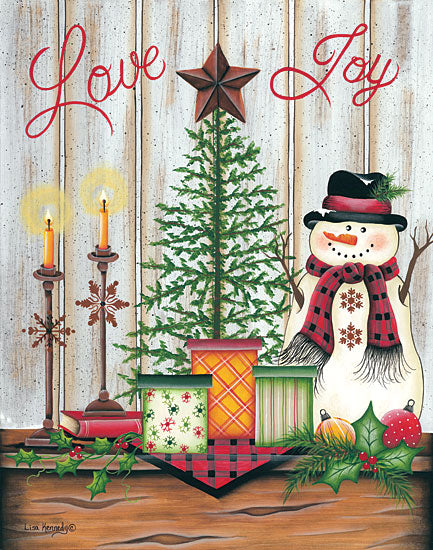 Lisa Kennedy KEN1033 - Love & Joy - 12x16 Holidays, Snowman, Tree, Pine Branches, Presents, Shiplap, Candles, Love, Joy from Penny Lane