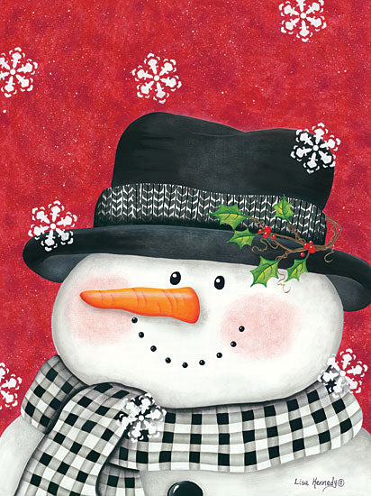 Lisa Kennedy KEN1049 - Holly & Black Plaid Snowman - 12x16 Snowman, Black & White Gingham, Scarf, Snowflakes, Winter from Penny Lane