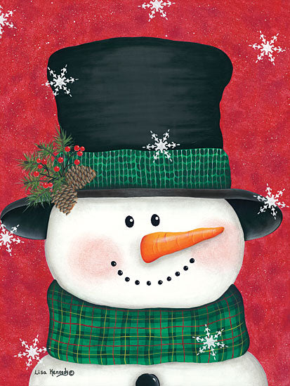 Lisa Kennedy KEN1050 - Pine Cones & Green Plaid Snowman - 12x16 Snowman, Black & Green Plaid, Scarf, Snowflakes, Winter from Penny Lane