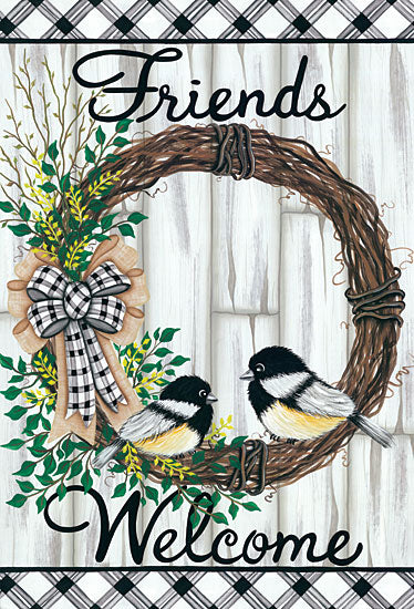 Lisa Kennedy KEN1075 - KEN1075 - Welcome Friends - 12x18 Signs, Calligraphy, Birds, Wreath, Wood Planks,  from Penny Lane