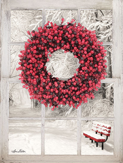 Lori Deiter LD1465 - Beaded Wreath View I Berries, Wreath, Window, Park Bench, Snow, Winter, Red from Penny Lane