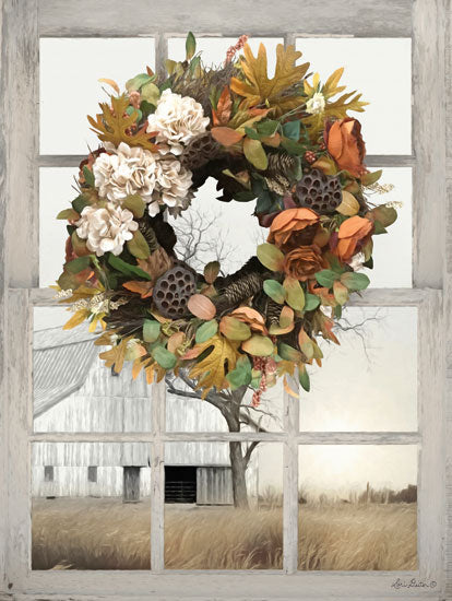 Lori Deiter LD1487 - Fall Window View I Window Pane, Wreath, Autumn, Barn, Farm, Country from Penny Lane
