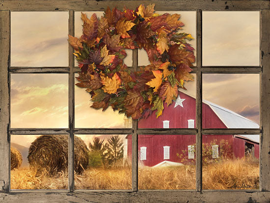 Lori Deiter LD1511 - LD1511 - Fall Window View  - 16x12 Window Pane, Wreath, Leaves, Barn, Farm, Photography, Autumn from Penny Lane