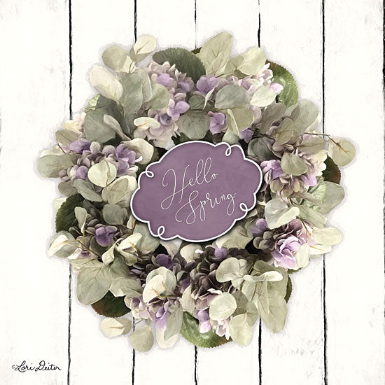 Lori Deiter LD1731 - LD1731 - Hello Spring Wreath - 12x12 Hello Spring, Wreath, Flowers, Purple Flowers, Greenery, Shiplap from Penny Lane