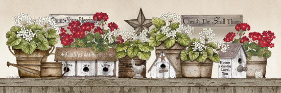 Linda Spivey LS1715 - Geranium Shelf Geraniums, Shelf, Still Life, Cherish, Flowers, Birdhouse, Watering Can from Penny Lane