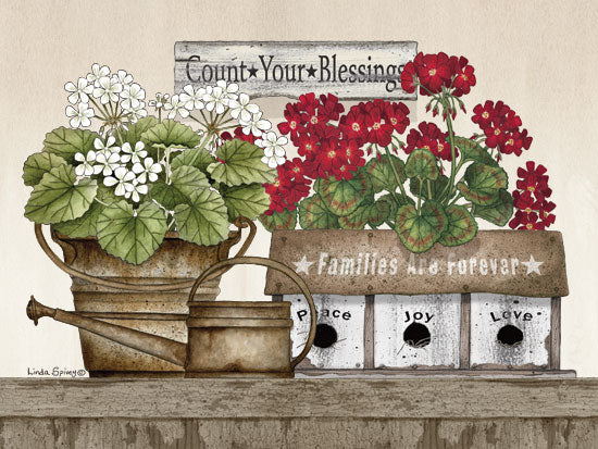 Linda Spivey LS1717 - Count Your Blessings Geraniums Count Your Blessings, Geraniums, Flowers, Birdhouse, Watering Can, Antiques from Penny Lane
