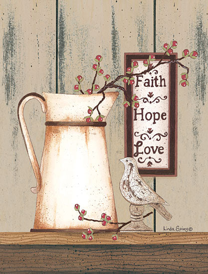 Linda Spivey LS1753 - Faith Hope Love - 12x16 Faith, Hope, Love, Pitcher, Still Life, Bird, Rustic from Penny Lane