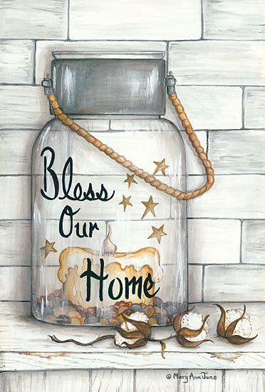 Mary Ann June MARY520 - Glass Luminary Bless Our Home - 12x18 Bless Our Home, Glass Jar, Cotton, Shiplap, Candle, Country French from Penny Lane