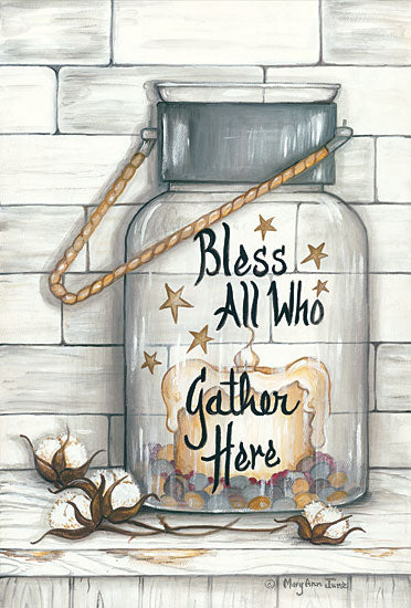 Mary Ann June MARY521 - Glass Luminary Bless All Who Gather - 12x18 Bless All Who Gather Here, Glass Jar, Cotton, Shiplap, Candle, Country French from Penny Lane