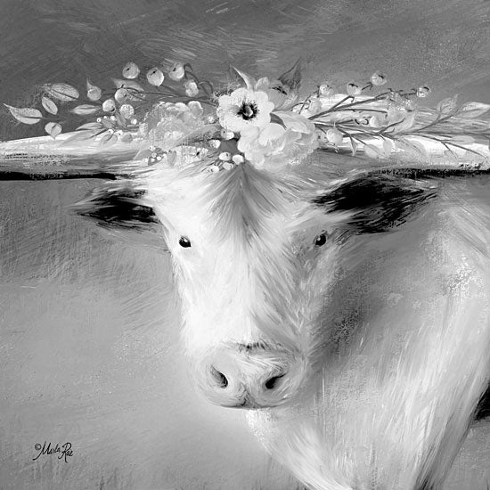 Marla Rae MAZ5299 - Minnie  Longhorn, Steer, Farm, Black & White, Flowers from Penny Lane