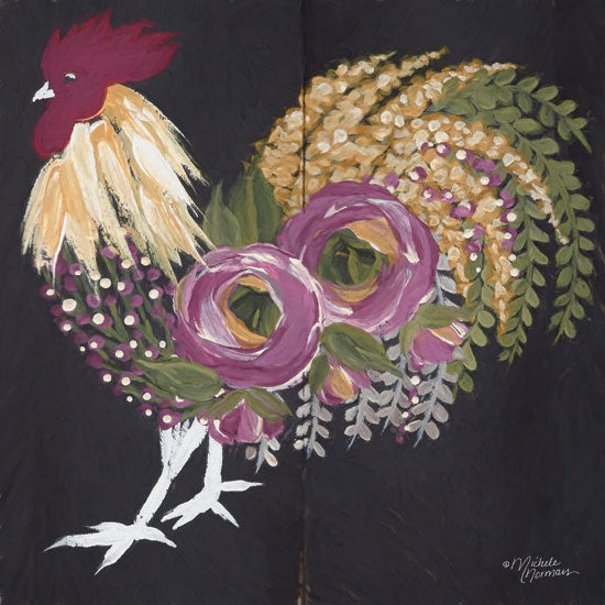 Michele Norman MN161 - Floral Rooster on Black - 12x12 Rooster, Flowers, Botanical, Farm, Whimsical, Chalkboard from Penny Lane
