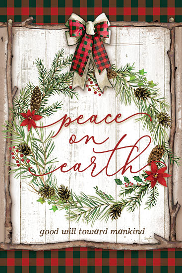 Mollie B. MOL1948 - Peace on Earth Buffalo Plaid - 12x18 Holidays, Peace on Earth, Wreath, Pinecones, Twig Frame from Penny Lane