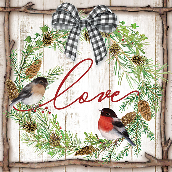 Mollie B. MOL1986 - MOL1986 - Love Pinecone Wreath - 12x12 Pinecone Wreath, Birds, Wood Frame, Love, Greenery, Gingham Ribbon from Penny Lane