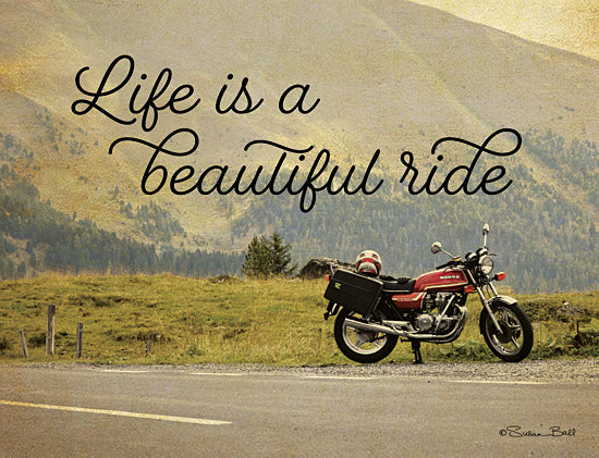 Susan Ball SB703 - SB703 - Life is a Beautiful Ride - 16x12 Life is a Beautiful Ride, Motorcycle, Trees, Mountains, Street from Penny Lane