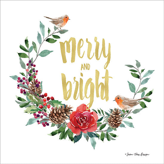 Seven Trees Design ST456 - ST456 - Merry and Bright Robin Wreath - 12x12 Signs, Rose, Robins, Christmas, Christmas Ivy, Wreath, Typography from Penny Lane